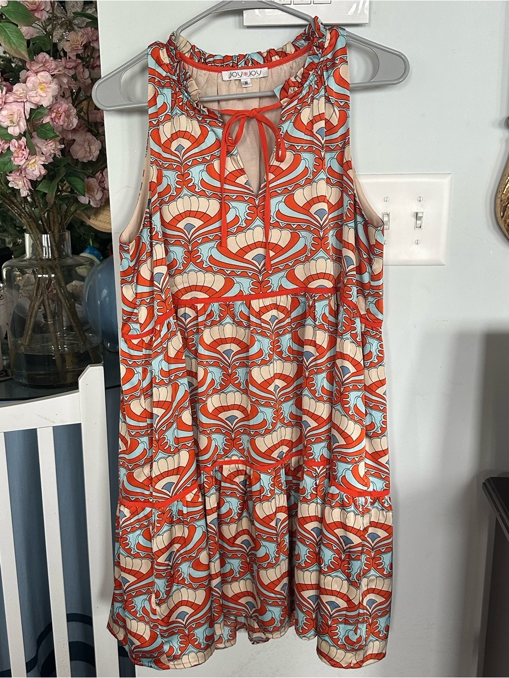 Joy Joy Floral Print Sleeveless Dress in Orange, Light Blue & Cream/ M